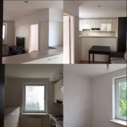 Cztery kadry z wnętrza mieszkania przed remontem: salon z telewizorem, kuchnia z meblami, puste ściany i okna.