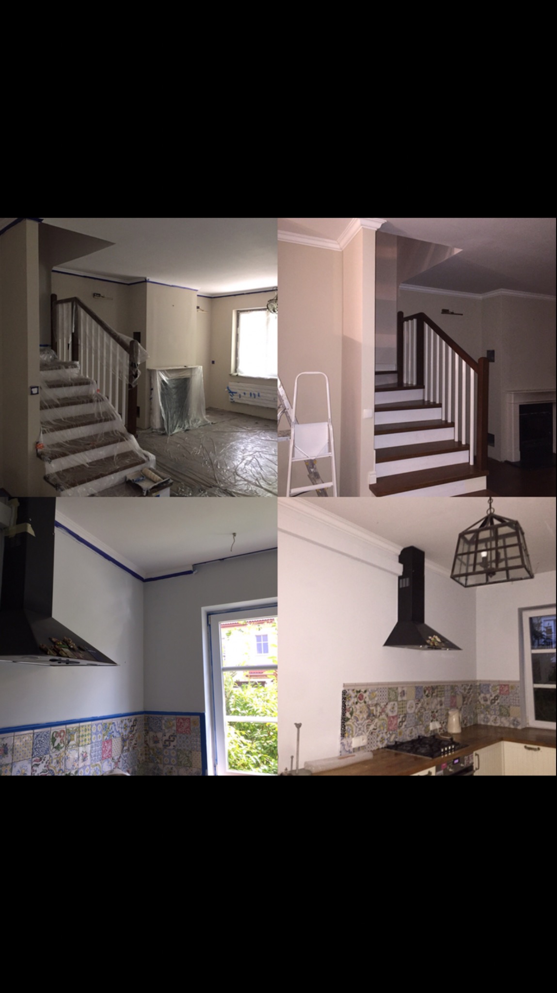 Czteropanelowe zdjęcie wnętrza domu: dwa ujęcia salonu w trakcie zabezpieczania folią i taśmą malarską przed pracami, oraz dwa ujęcia kuchni, gdzie widać przygotowane ściany i fragmenty płytek...