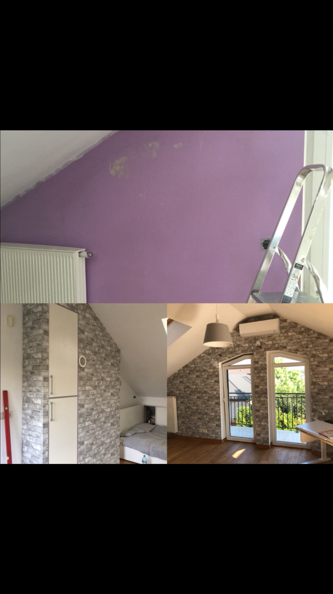 Trzy kadry: górny przedstawia fioletową ścianę w trakcie prac z widocznymi plamami i drabiną, dolny lewy pokazuje szafę z okładziną imitującą cegłę i poziomnicę, a dolny prawy fragment pokoju...