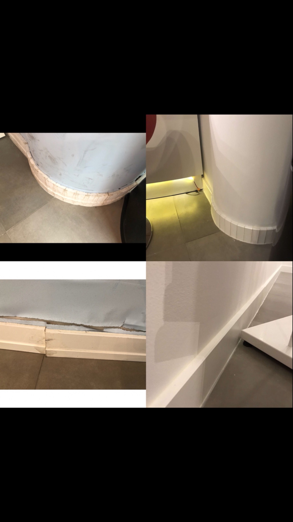 Kompozycja czterech zbliżeń przedstawiających detale wykończenia wnętrz: zaokrąglona ściana przygotowana do położenia gładzi, listwa przypodłogowa z podświetleniem LED, uszkodzona listwa...