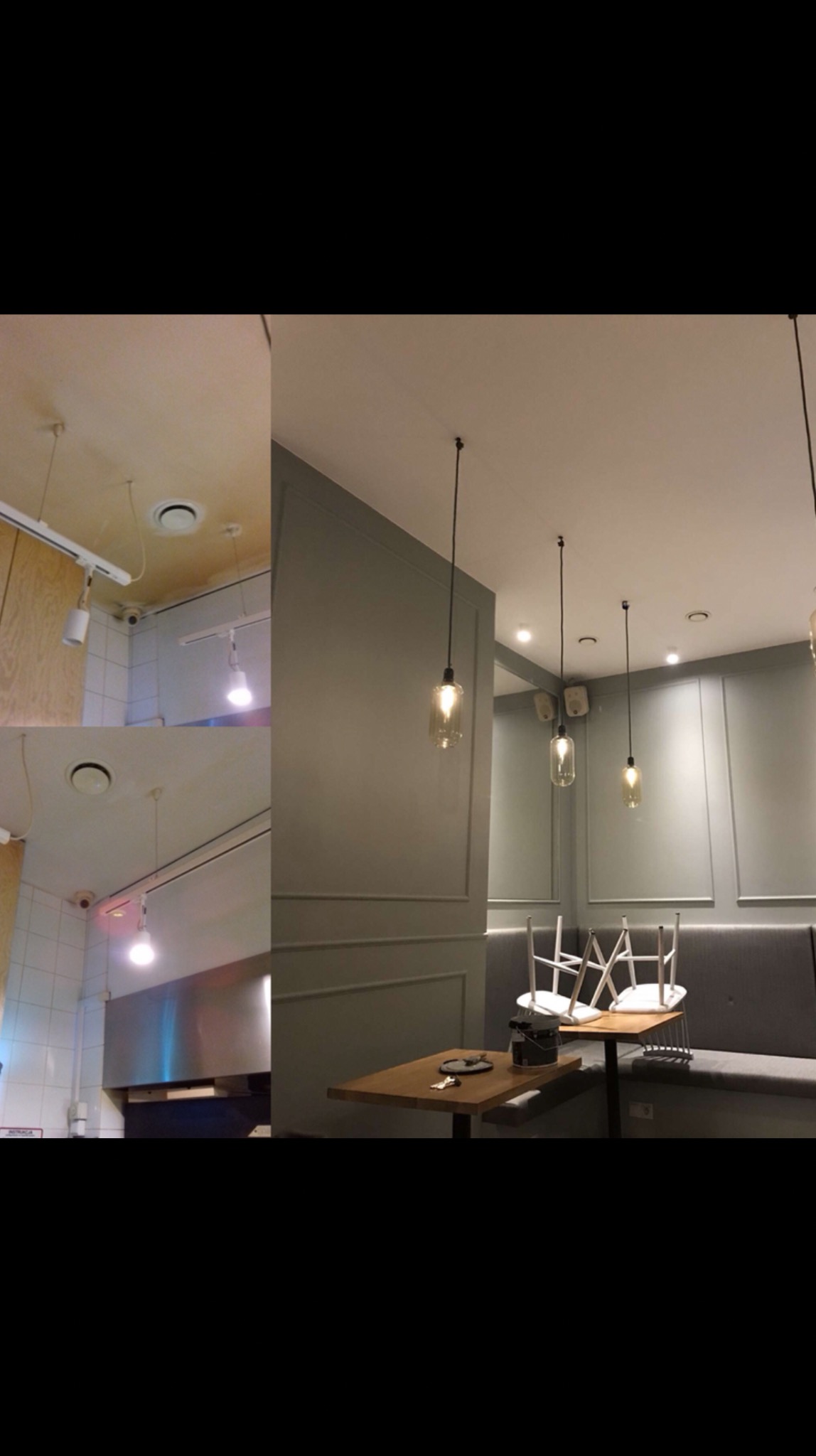 Wnętrze lokalu po odświeżeniu: ściany w odcieniach szarości z dekoracyjnymi listwami, wiszące lampy z żarówkami w stylu retro, stoliki z ciemnego drewna, krzesła odwrócone na blatach, widoczne...