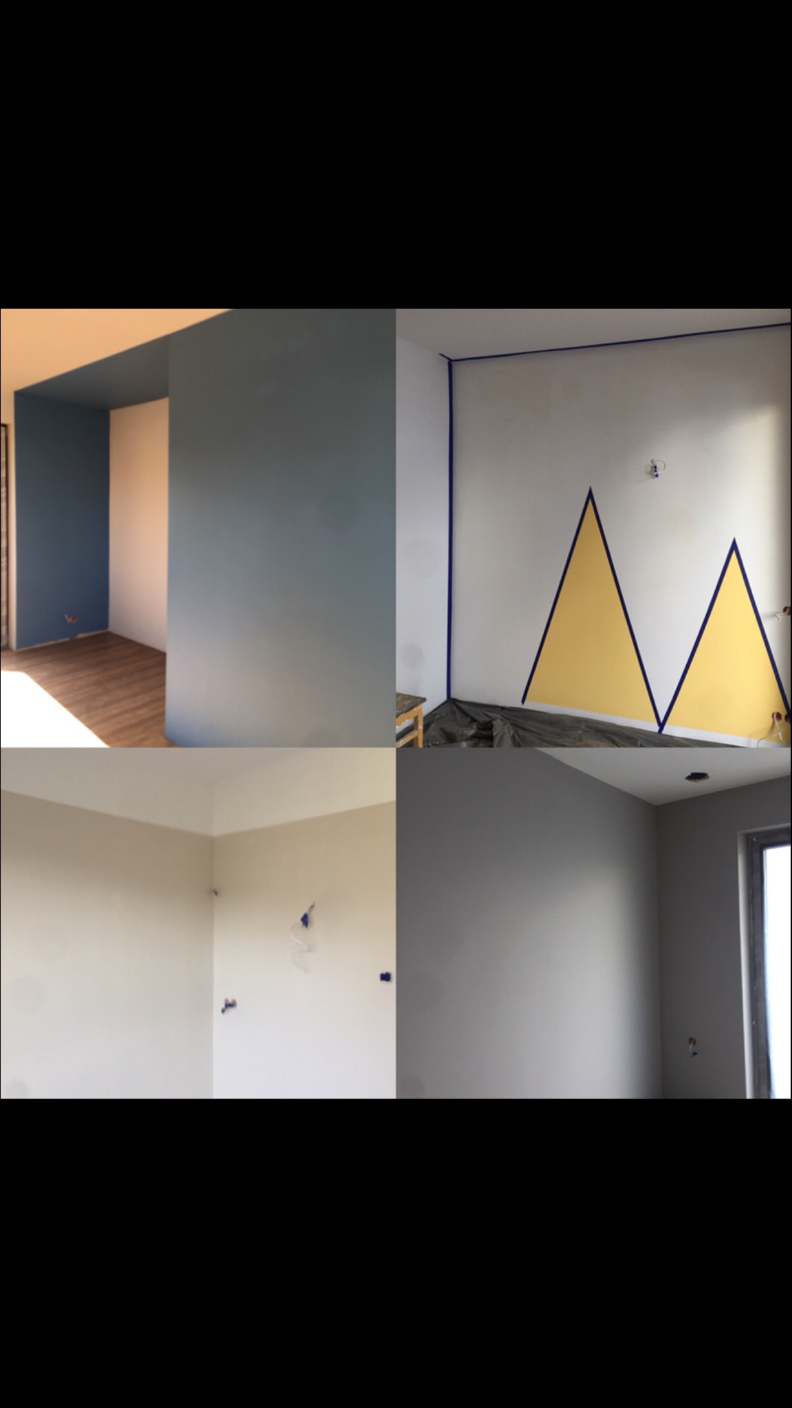 Kompozycja czterech kadrów z wnętrz w trakcie prac wykończeniowych: pokój z pomalowanym na niebiesko sufitem i ścianą, pokój z żółtymi trójkątami na ścianie zabezpieczonymi taśmą malarską, narożnik...