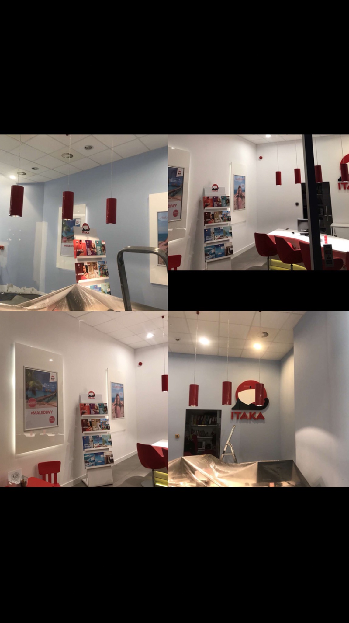 Wnętrze biura podróży Itaka w trakcie odświeżania: ściany w kolorze błękitu i bieli, czerwone lampy cylindryczne, plakaty z ofertami wakacyjnymi, meble przykryte folią ochronną, drabina oparta...