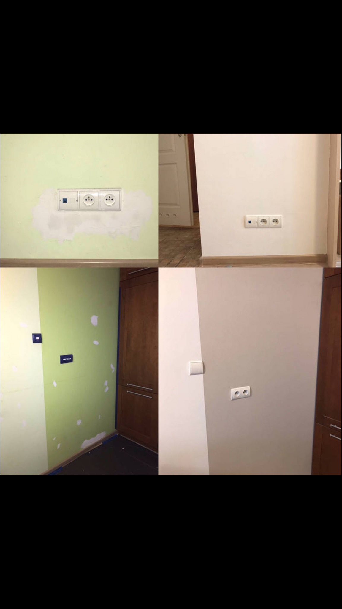 Cztery kadry z remontu mieszkania: szpachlowanie i malowanie ścian wokół gniazdek elektrycznych, widoczne etapy prac przed i po.