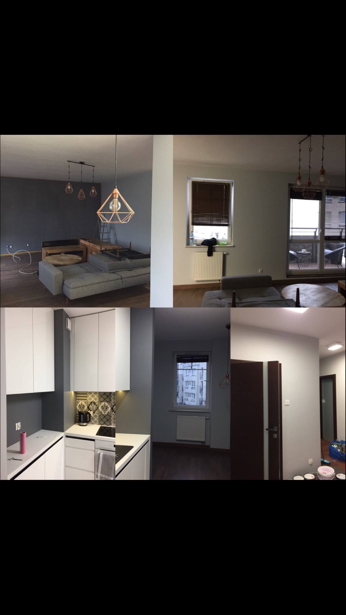 Kompozycja zdjęć przedstawiająca fragmenty wnętrz przed i po odświeżeniu: salon z szarą ścianą i geometryczną lampą, kuchnia z białymi szafkami i dekoracyjną mozaiką, oraz korytarz z pomalowanymi...