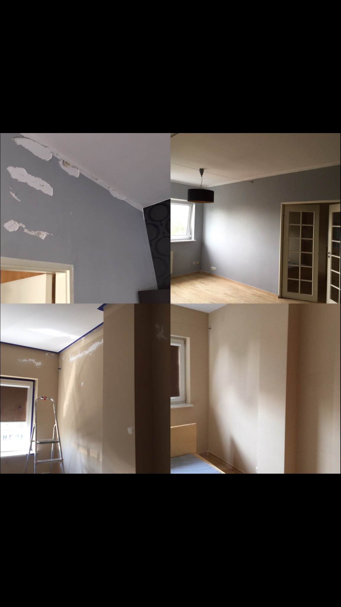 Montaż zdjęć przedstawia pokój przed i po odświeżeniu: ściany z odpadającą farbą i fragmentami gładzi oraz pokój po pracach z pomalowanymi ścianami w odcieniach szarości i beżu.