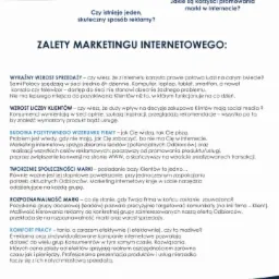 Infografika reklamowa firmy Dangos prezentująca zalety marketingu internetowego, w tym wzrost sprzedaży, liczby klientów, budowę pozytywnego wizerunku firmy, tworzenie społeczności marki...