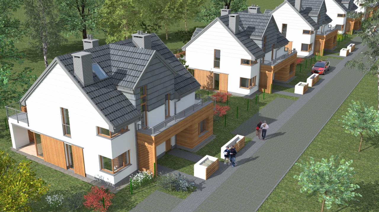 Wizualizacja osiedla domów jednorodzinnych z dwuspadowymi dachami krytymi szarą dachówką, z elementami drewnianej elewacji, widziana z lotu ptaka, z parą spacerującą po chodniku i zaparkowanym...