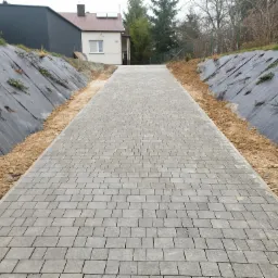 Szara ścieżka z kostki prowadząca pod górę w kierunku domu, po bokach skarpy zabezpieczone czarną agrowłókniną, częściowo porośniętą roślinnością.