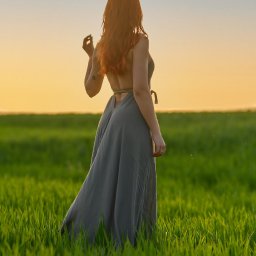 Fotoxfoto.pl Krzysztof Sobczyński - Kobieta z rudymi włosami w długiej sukni, sfotografowana od tyłu w Jarosławiu, na tle zielonego pola i zachodzącego słońca, z ptakami w locie.