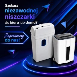 DAMBIS s.c. W. Balcerowski, J.Sęk - Dwie białe niszczarki do dokumentów na podświetlonej platformie, na ciemnym tle z neonowymi akcentami. Jedna większa, druga mniejsza z kółkami. Promocja niszczarek.