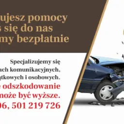 Grafika reklamowa z symbolem paragrafu i wizerunkiem zderzonych samochodów, informująca o specjalizacji w odszkodowaniach komunikacyjnych, majątkowych i osobowych oraz oferująca bezpłatne doradztwo.