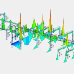 Wizualizacja 3D modelu konstrukcji stalowej hali z naniesionymi obciążeniami i naprężeniami oznaczonymi kolorami i wartościami liczbowymi.