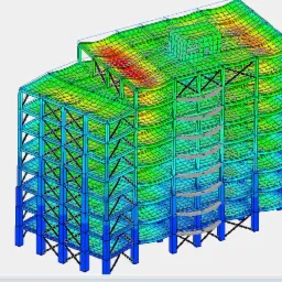 Wizualizacja 3D modelu konstrukcji stalowej budynku wielopiętrowego, z kolorowym gradientem wskazującym na rozkład naprężeń i odkształceń pod obciążeniem.