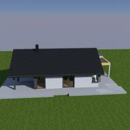 Wizualizacja 3D parterowego budynku usługowego z czarnym dachem, białymi ścianami i tarasem z jasnym zadaszeniem, otoczonego zielonym trawnikiem, widok z góry pod kątem.