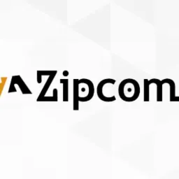 Logo firmy Zipcom z pomarańczowym symbolem graficznym po lewej, na białym tle z subtelnym wzorem geometrycznym.