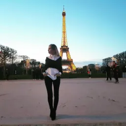 Kobieta w czarno-białym stroju pozuje na tle oświetlonej Wieży Eiffla w Paryżu, z rękami w kieszeniach spodni.