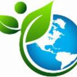 Grafika wektorowa przedstawiająca globus w odcieniach błękitu z kontynentami Ameryki Północnej i Południowej, otoczony stylizowanymi, jasnozielonymi liśćmi. Nad globusem mały, okrągły element.