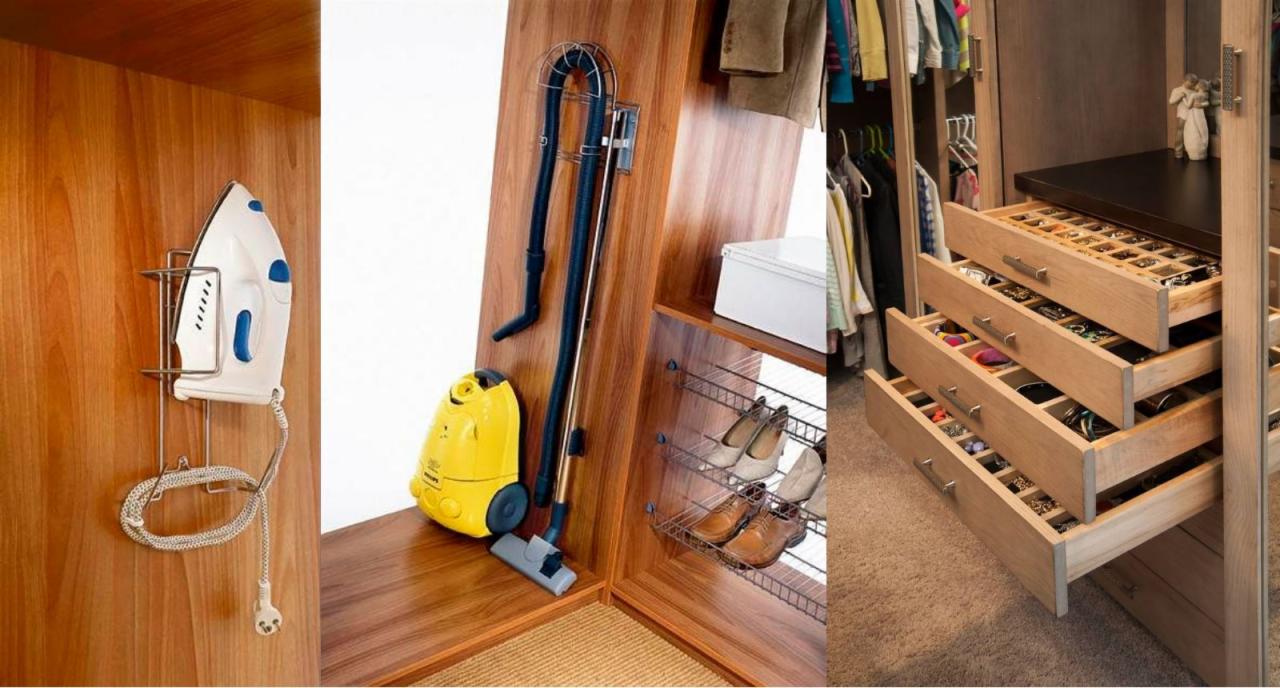 Wnętrze szafy wnękowej z miejscem na żelazko, odkurzacz i akcesoria; szuflady na biżuterię.
