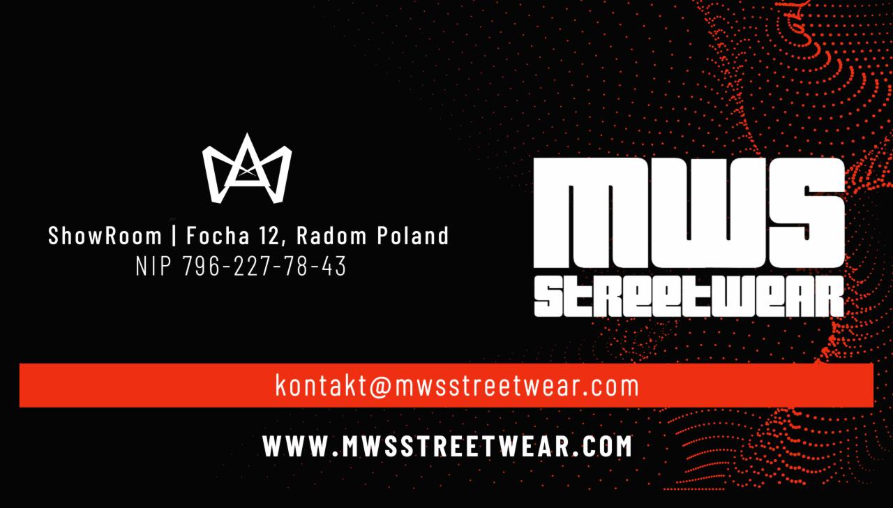 Grafika z logo MWS Streetwear, adresem Showroomu w Radomiu, NIP-em, adresem email kontaktowym i adresem strony internetowej na czarnym tle z pomarańczowymi elementami graficznymi.