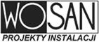 Czarno-białe logo firmy WOSAN Projekty Instalacji, prezentujące nazwę firmy i zakres działalności.
