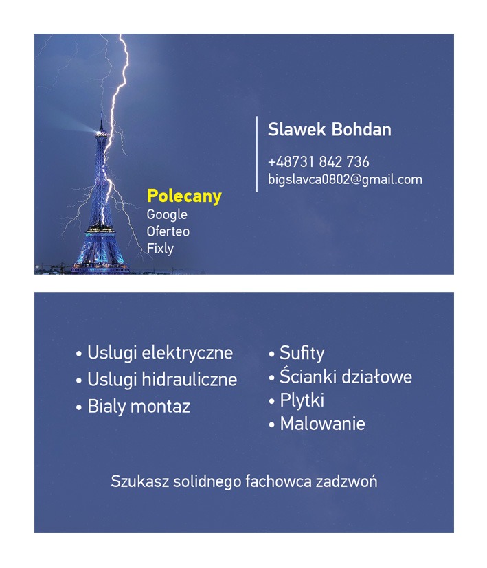 Wizytówka firmy budowlanej: wieża Eiffla uderzona piorunem, dane kontaktowe Slawka Bohdana, lista usług elektrycznych, hydraulicznych, białego montażu, sufitów, ścianek działowych, płytek i malowania.