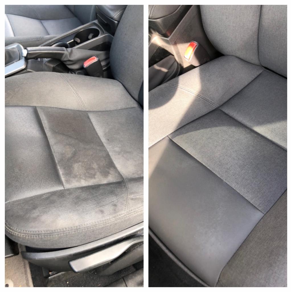 Porównanie: Fotel samochodowy z szarą tapicerką - widoczna różnica przed i po czyszczeniu, po lewej stronie plamy i zabrudzenia, po prawej czysta powierzchnia.