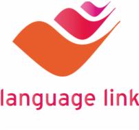 Pomarańczowo-różowe logo firmy Language Link na białym tle, stylizowane na otwartą książkę lub skrzydła.