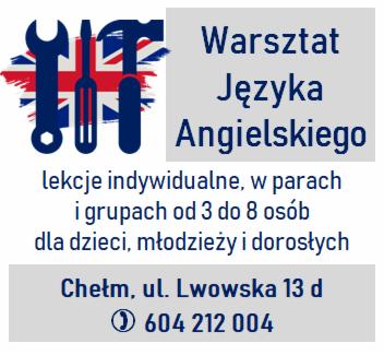 Grafika reklamowa warsztatu języka angielskiego z motywem brytyjskiej flagi i ikonami narzędzi, informująca o lekcjach indywidualnych, w parach i grupowych dla różnych grup wiekowych, z podanym...