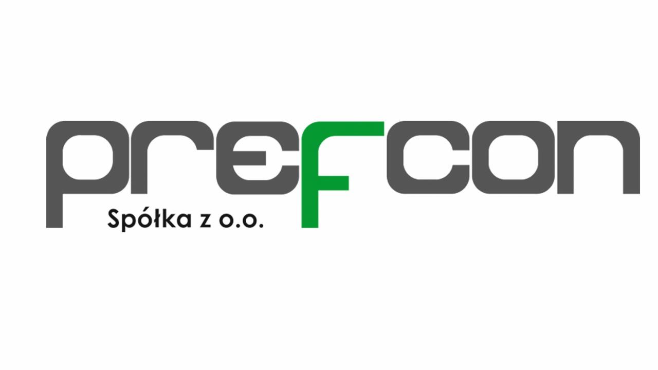 Logo firmy Prefcon Spółka z o.o., szary napis z zielonym elementem 'f', na białym tle.
