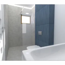 Wizualizacja małej łazienki z kabiną prysznicową walk-in, toaletą podwieszaną i umywalką w kolorze białym, akcentowana ścianą w odcieniach niebieskiego i szarości.