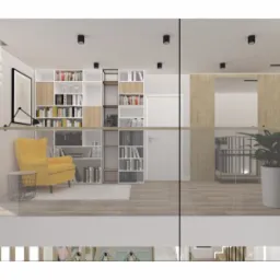 Wizualizacja wnętrza mieszkania z antresolą, z żółtym fotelem na tle regałów z książkami, widoczna przez szklaną balustradę.