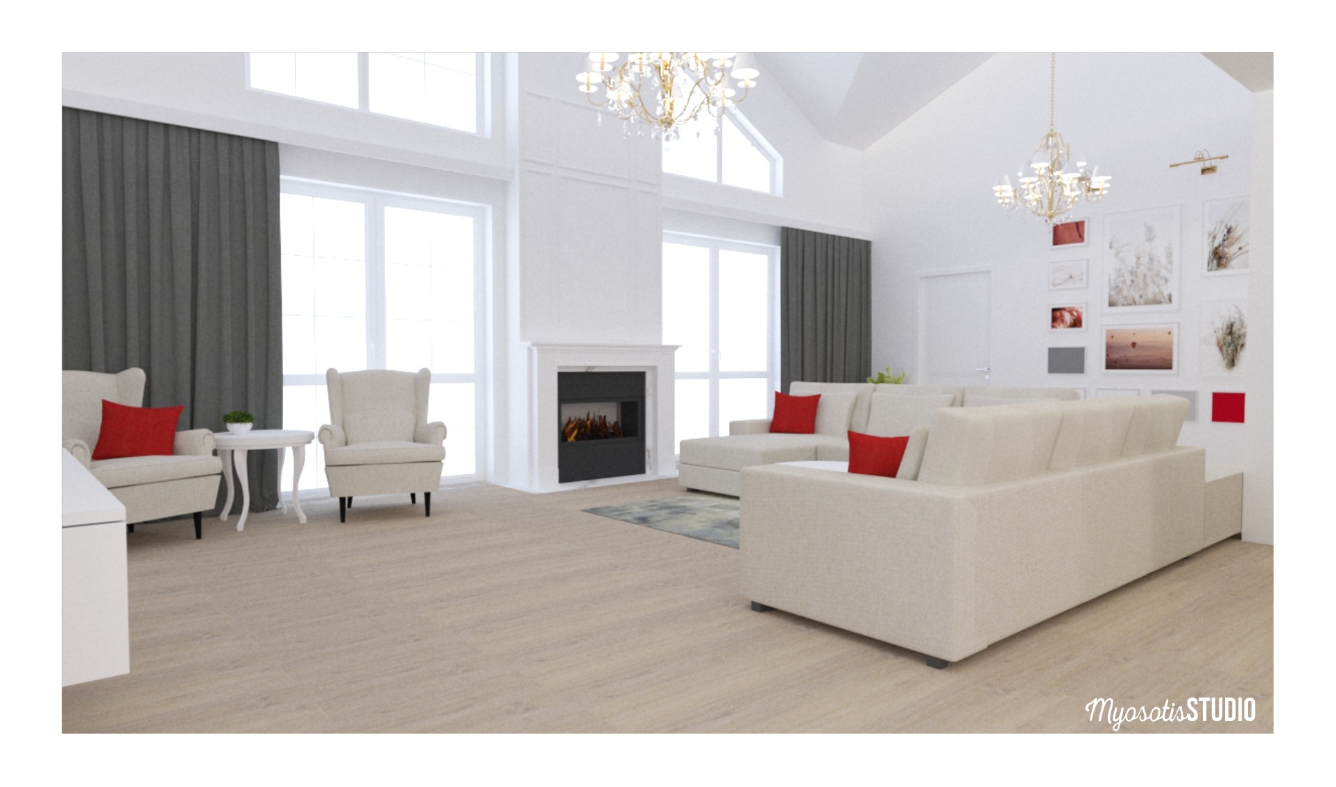 Jasny salon z wysokim sufitem, kominkiem, dwoma żyrandolami, beżową sofą narożną z czerwonymi poduszkami, dwoma fotelami i dywanem z delikatnym wzorem.