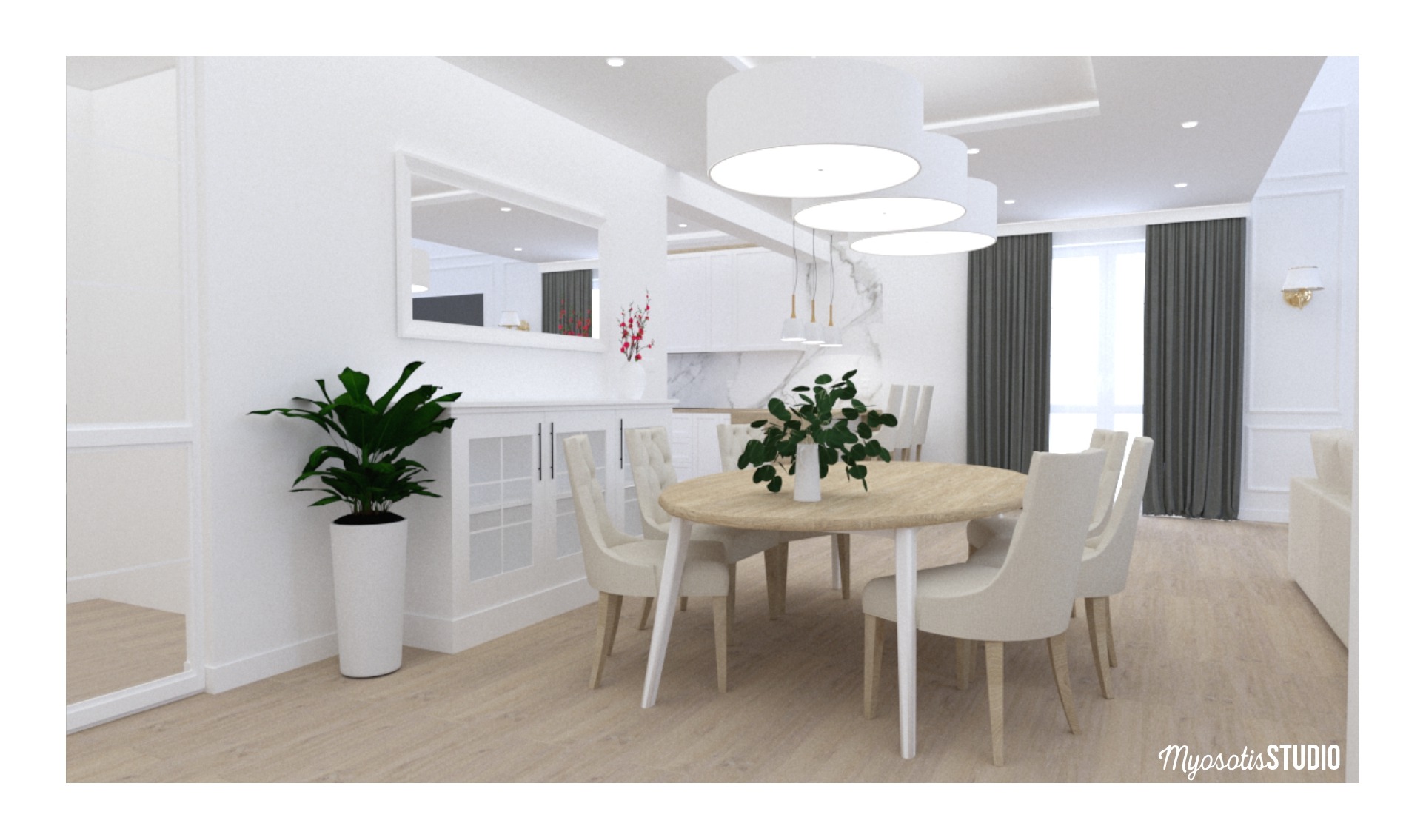 Jasna jadalnia w stylu nowoczesnym: okrągły stół z drewnianym blatem, kremowe krzesła, białe szafki z przeszklonymi drzwiami, lustro w białej ramie, roślina doniczkowa w białej donicy, wiszące...