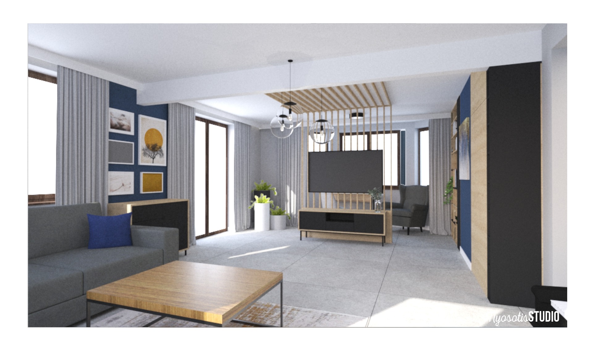 Wizualizacja salonu z szarą sofą, drewnianym stolikiem kawowym, ścianą z galerii obrazków, ażurową ścianką działową, czarną szafką RTV i szarymi zasłonami.
