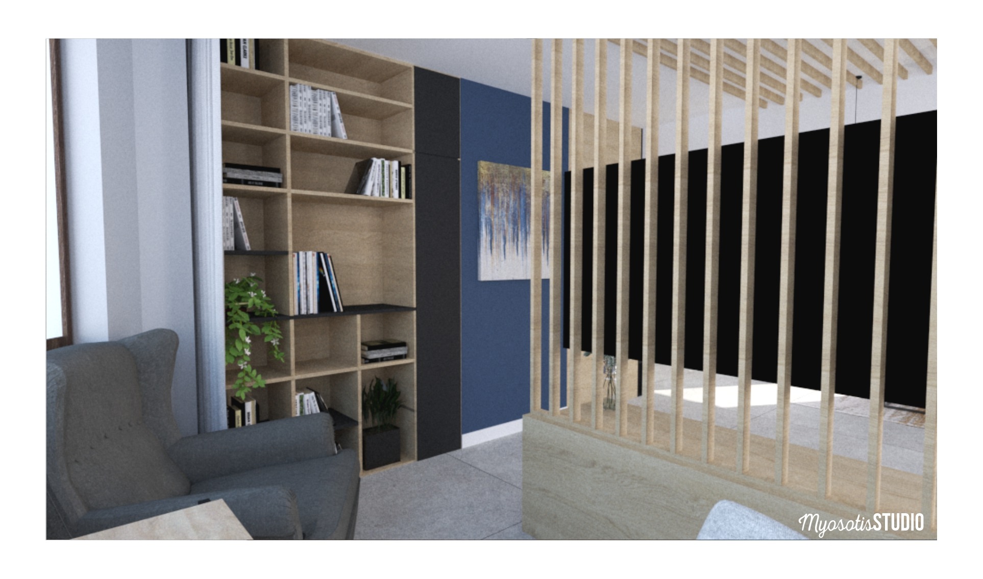 Wizualizacja pokoju dziennego z regałem na książki, szarym fotelem i drewnianą ażurową ścianką działową, z obrazem na niebieskiej ścianie w tle.