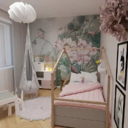 Pokój dziecięcy z łóżkiem w kształcie domku, baldachimem wiszącym i tapetą w kwiaty i ptaki, uzupełniony o białe meble i dywan w pastelowych kolorach.