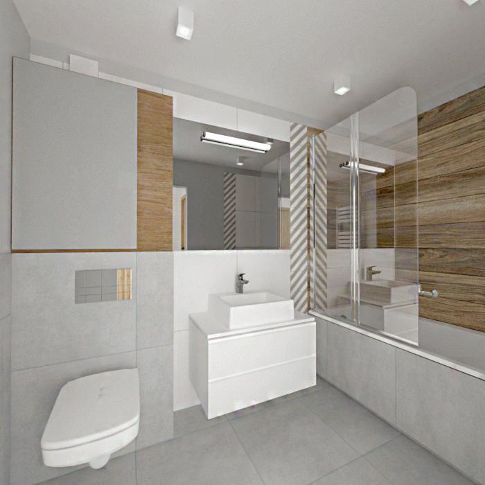 Nowoczesna łazienka z drewnianymi akcentami: biała umywalka nablatowa, szara płytka, drewniana boazeria za wanną z parawanem, minimalistyczna toaleta podtynkowa.