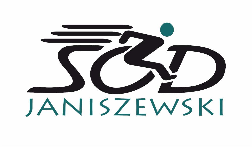Logo firmy z sylwetką biegnącej osoby stylizowanej na literę i nazwą firmy 'Janiszewski' w kolorze zielonym.