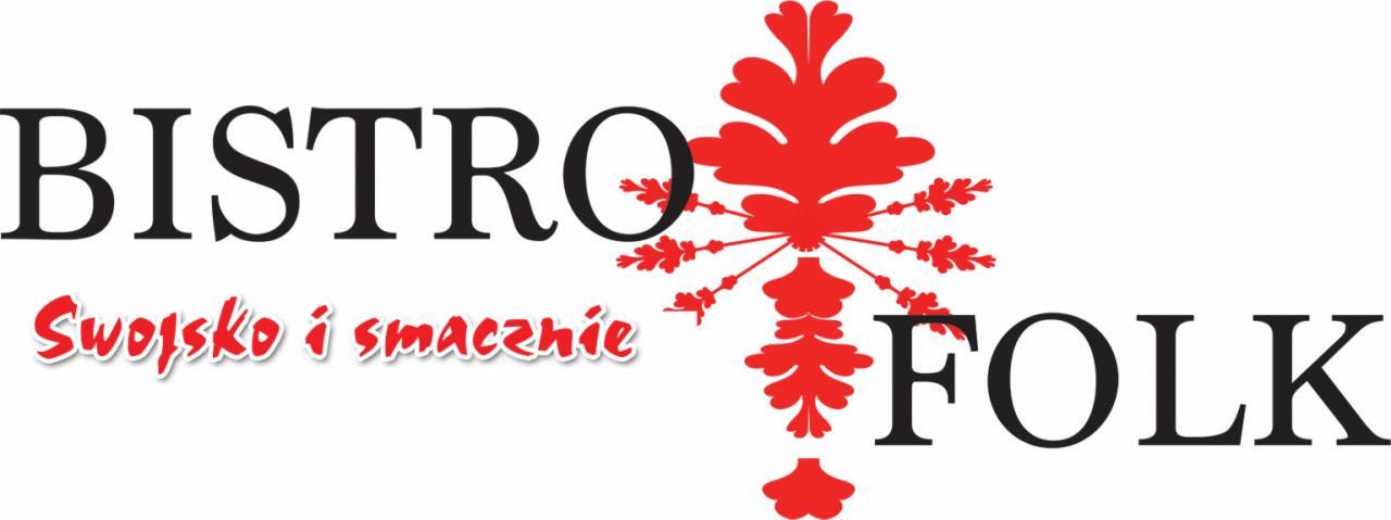 Logo Bistro Folk ze Strzyżowa, z napisem 'Swojsko i smacznie' oraz stylizowanym czerwonym motywem roślinnym.