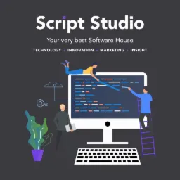 Ilustracja: Trzy osoby pracujące nad kodem wyświetlanym na dużym monitorze, z napisem 'Script Studio' i hasłem 'Your very best Software House', oraz słowami 'TECHNOLOGY - INNOVATION - MARKETING -...