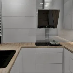 Wizualizacja nowoczesnej kuchni z białymi szafkami, drewnianym blatem i okładziną ścienną imitującą drewno, czarnym zlewozmywakiem z baterią oraz okapem nad płytą grzewczą; na blacie stoi garnek.