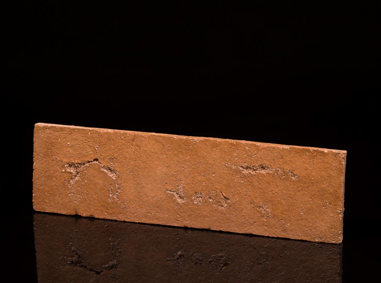 Pojedyncza, podłużna, pomarańczowo-brązowa płytka imitująca starą cegłę, z widocznymi nierównościami i uszczerbkami na powierzchni, leżąca na czarnym, błyszczącym tle.