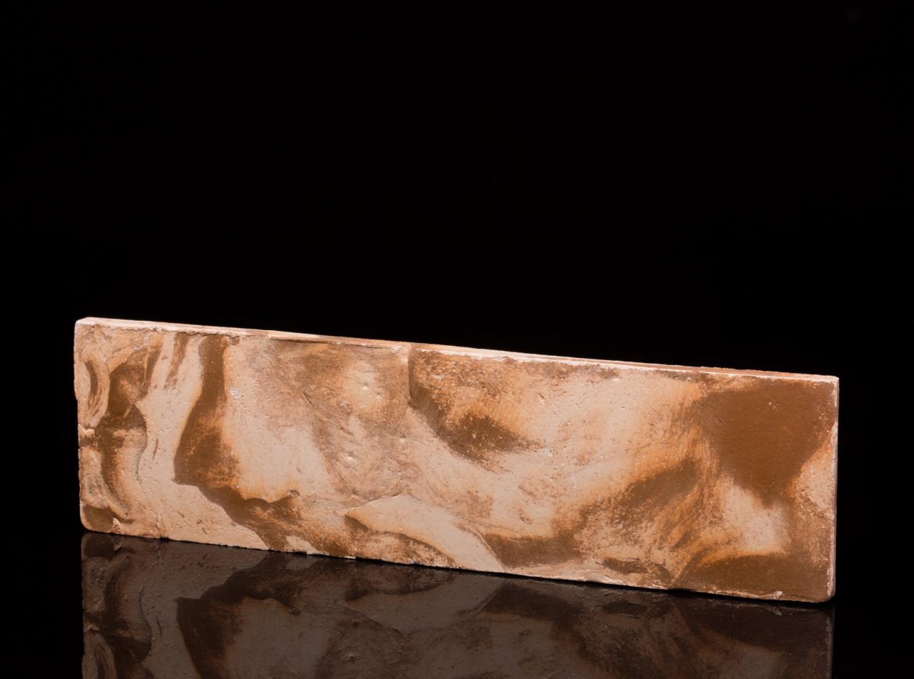 Pojedynczy, prostokątny panel podłogowy z efektem marmurkowego wzoru w odcieniach brązu i beżu, ustawiony na czarnej, błyszczącej powierzchni.