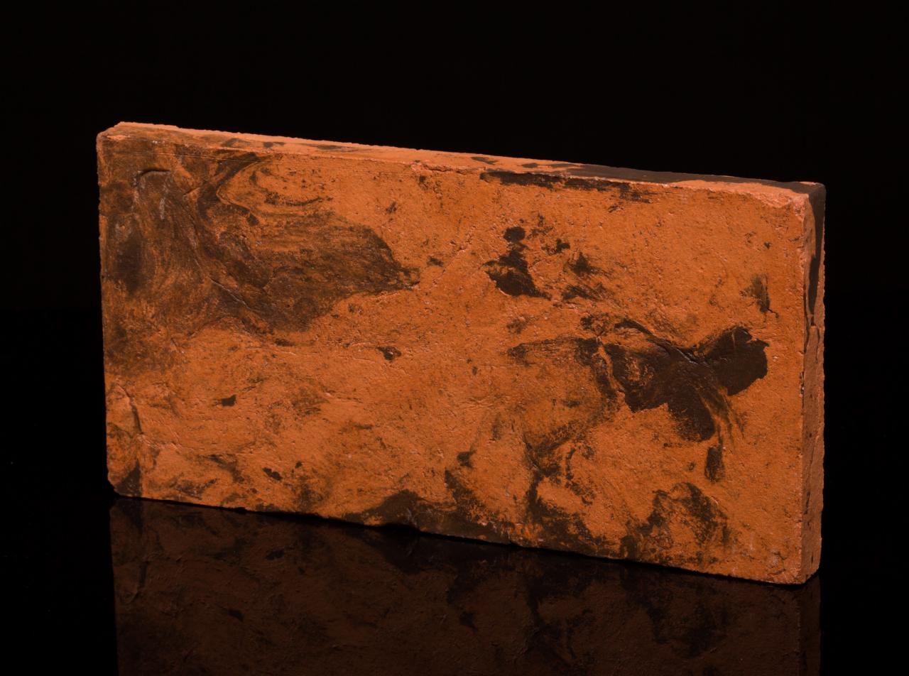 Płytka podłogowa imitująca terakotę z ciemnymi, nieregularnymi smugami na gładkim, czarnym tle z refleksami.