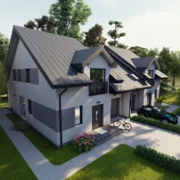 Wizualizacja bliźniaka z szarą dachówką, rowerem opartym o ścianę i zielonym samochodem na podjeździe, otoczonego bujną zielenią.