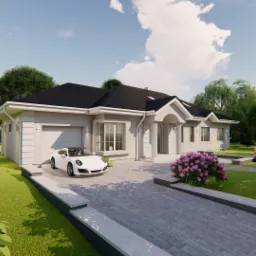 Wizualizacja domu jednorodzinnego z garażem i podjazdem z kostki brukowej w Otwocku, z białym sportowym samochodem na tle zadbanego ogrodu.