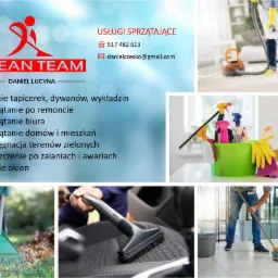 Kompozycja zdjęć prezentująca różnorodne usługi sprzątające: od odkurzania dywanu i czyszczenia tapicerki samochodowej po grabienie liści i mycie podłóg mopem, uzupełnione o zdjęcie kosza...