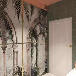 ARANŻ Joanna Gościańska - Wizualizacja łazienki z zielonymi płytkami, umywalką w odcieniu brzoskwini i fototapetą z motywem architektury i roślinności.