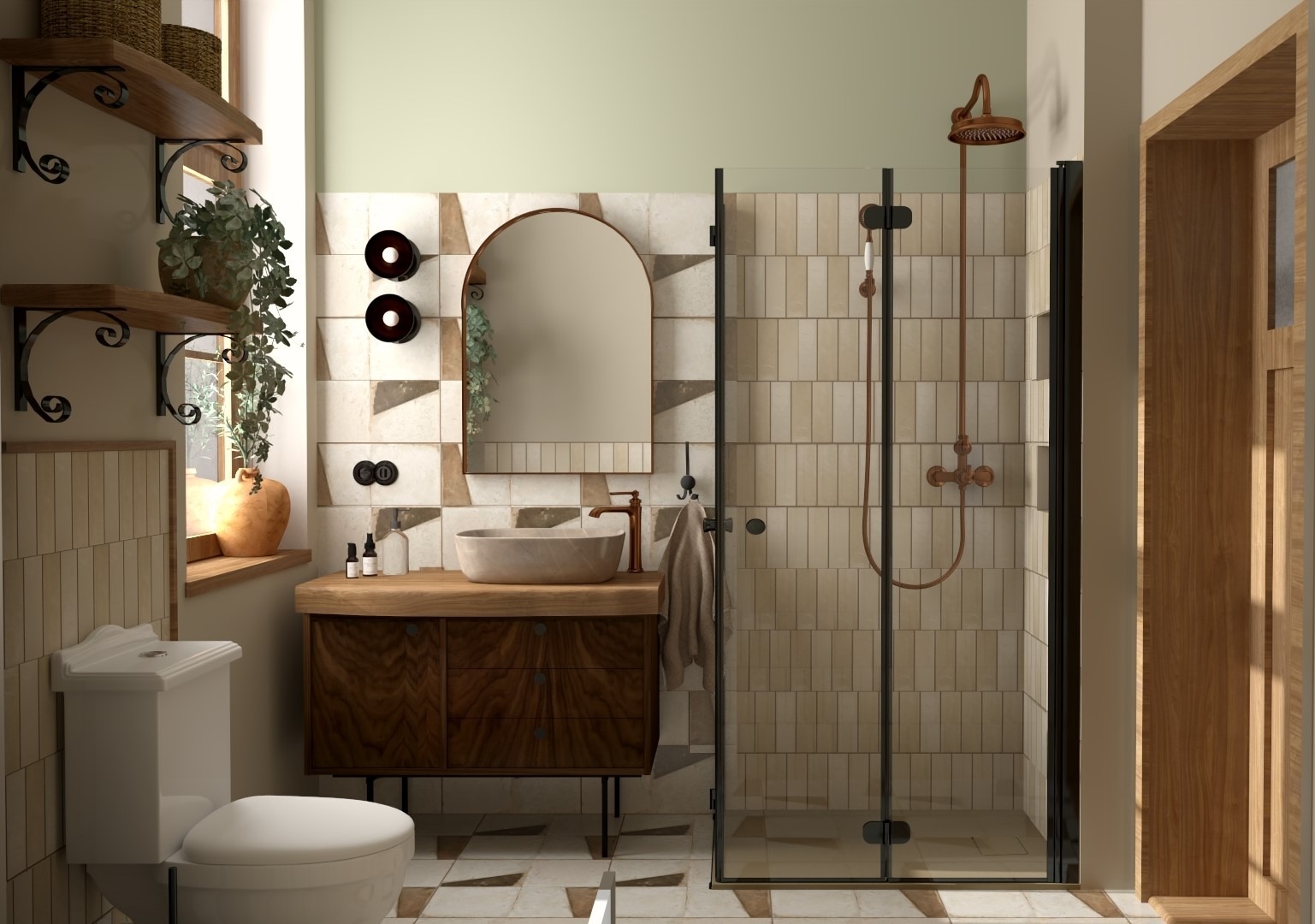 Nowoczesna łazienka z kabiną prysznicową w ciemnej ramie, umywalką nablatową z armaturą w kolorze miedzi, drewnianą szafką pod umywalką i lustrem w zaokrąglonej ramie.